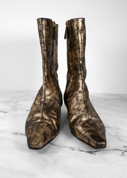 Chanel Gold Laminated Metallic Leather Ankle Boots