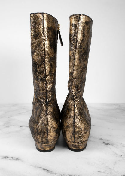 Chanel Gold Laminated Metallic Leather Ankle Boots
