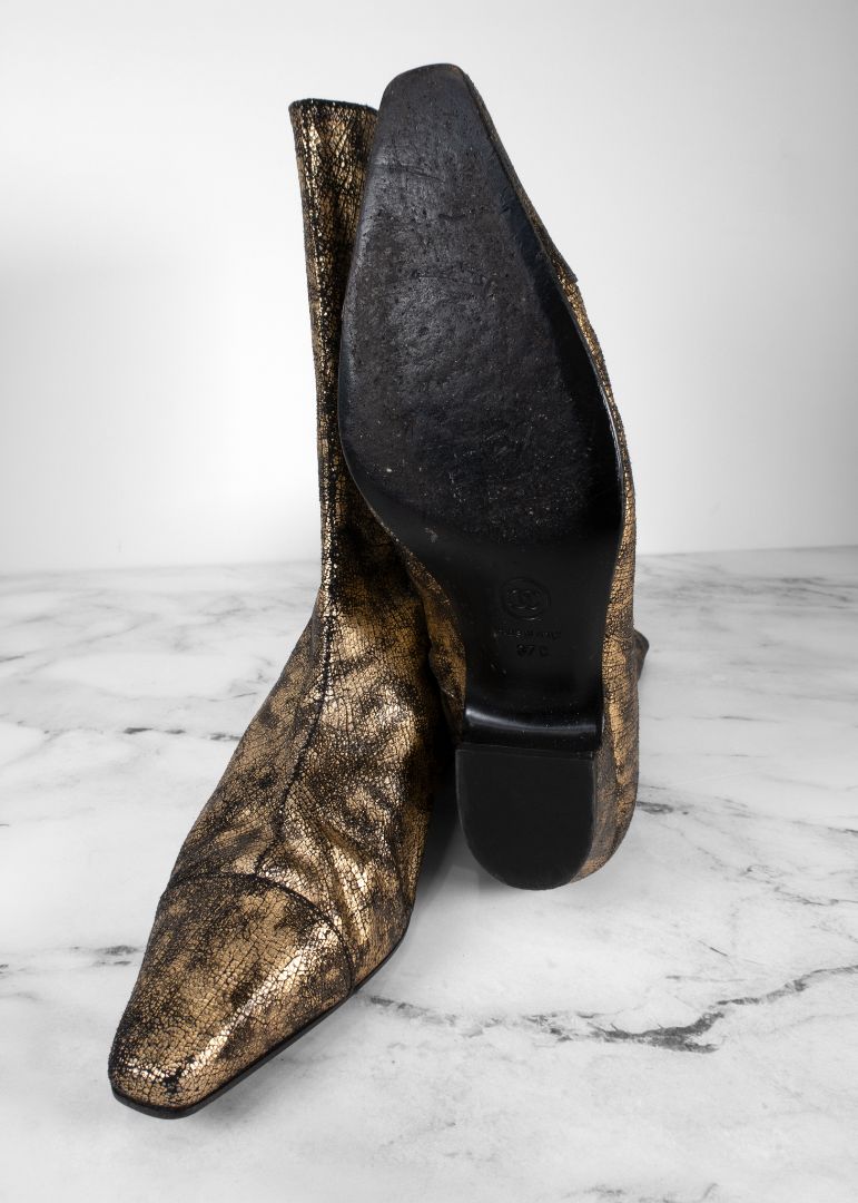 Chanel Gold Laminated Metallic Leather Ankle Boots