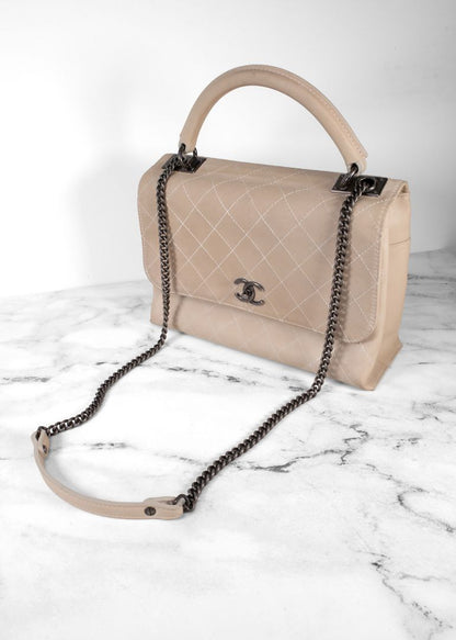 Chanel Beige Quilted Leather Flap Bag With Top Handle And Silver Chain Link Strap