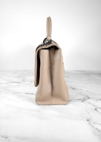 Chanel Beige Quilted Leather Flap Bag With Top Handle And Silver Chain Link Strap