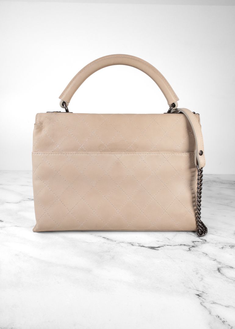 Chanel Beige Quilted Leather Flap Bag With Top Handle And Silver Chain Link Strap