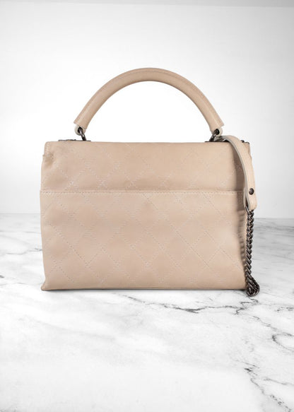 Chanel Beige Quilted Leather Flap Bag With Top Handle And Silver Chain Link Strap