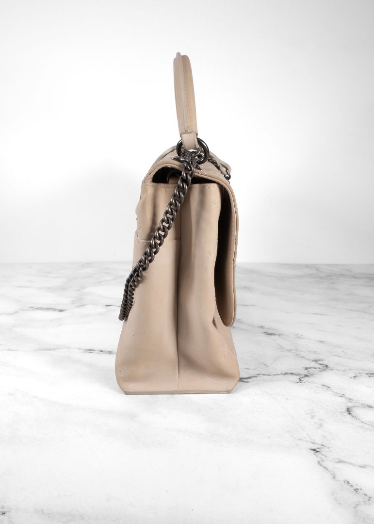 Chanel Beige Quilted Leather Flap Bag With Top Handle And Silver Chain Link Strap