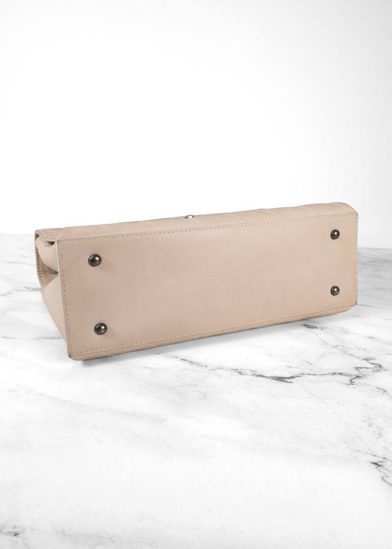 Chanel Beige Quilted Leather Flap Bag With Top Handle And Silver Chain Link Strap