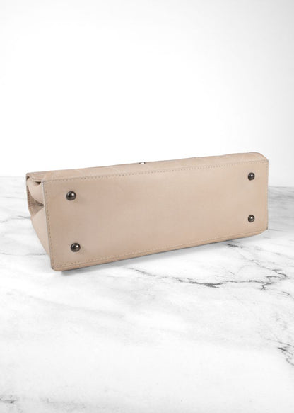 Chanel Beige Quilted Leather Flap Bag With Top Handle And Silver Chain Link Strap