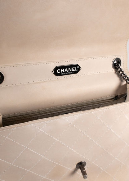 Chanel Beige Quilted Leather Flap Bag With Top Handle And Silver Chain Link Strap