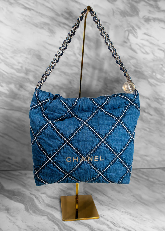 Chanel Stitched Denim Quilted Chanel 22 Blue Handbag