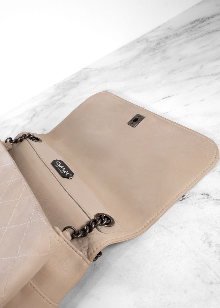 Chanel Beige Quilted Leather Flap Bag With Top Handle And Silver Chain Link Strap