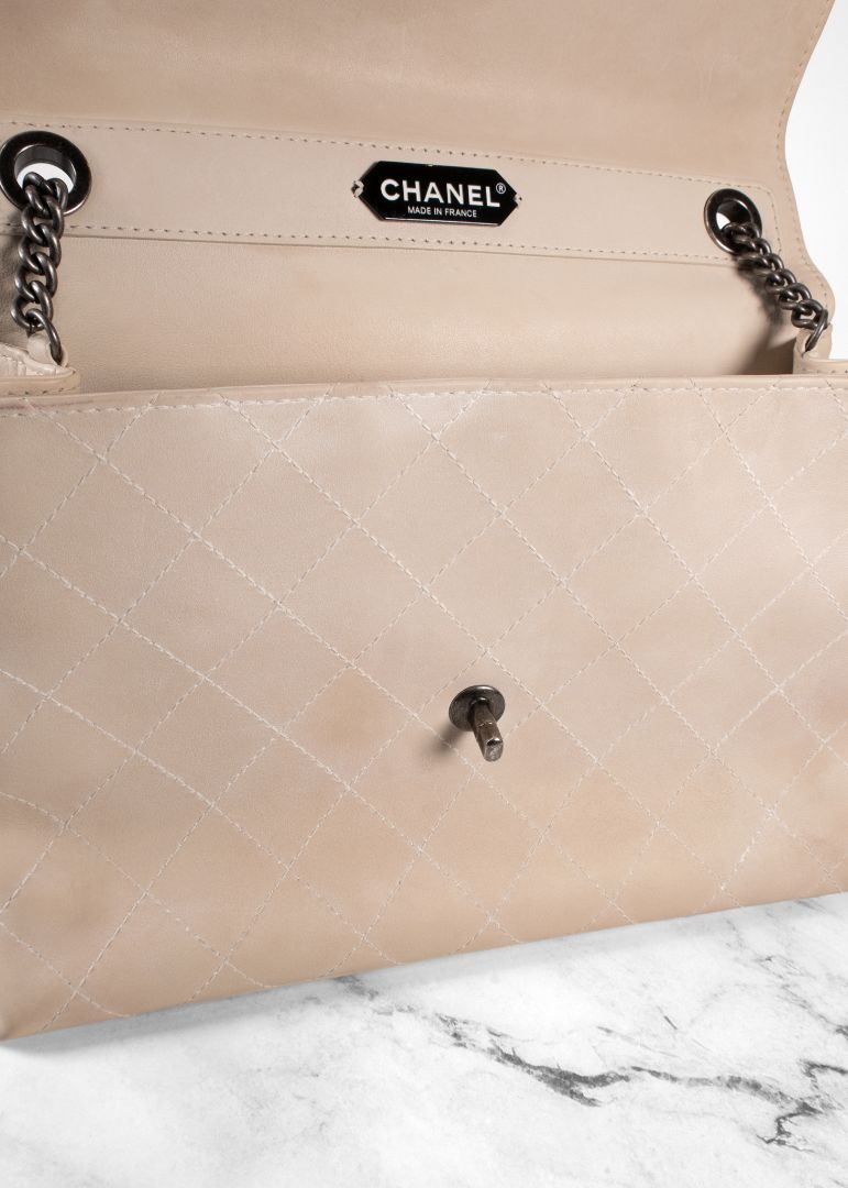 Chanel Beige Quilted Leather Flap Bag With Top Handle And Silver Chain Link Strap