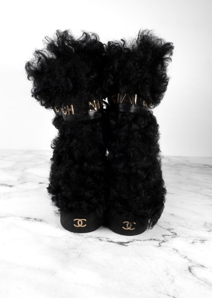 Chanel Black Shearling Boots With Leather Strap And Gold CC Hardware