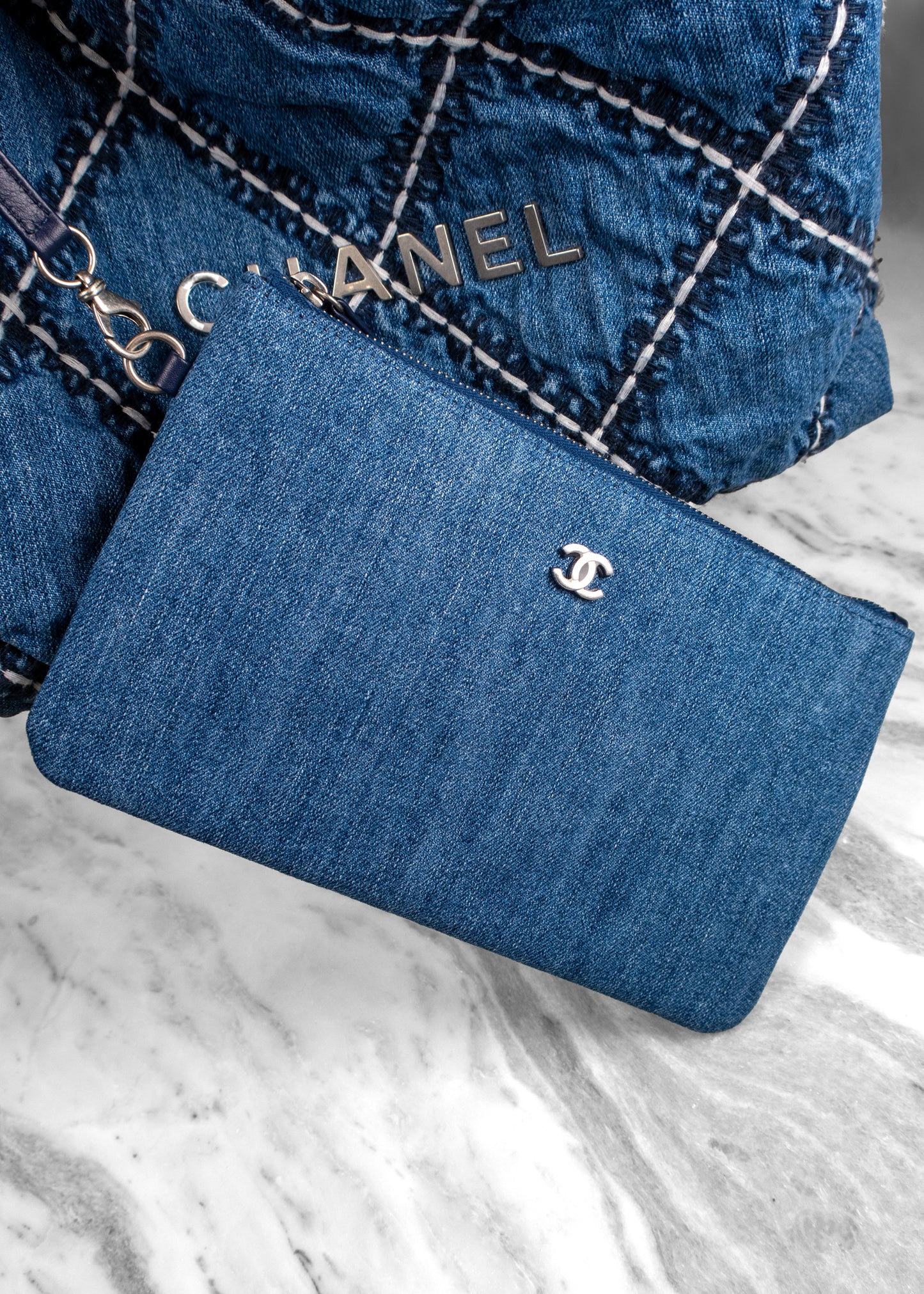 Chanel Stitched Denim Quilted Chanel 22 Blue Handbag