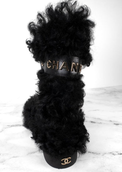 Chanel Black Shearling Boots With Leather Strap And Gold CC Hardware