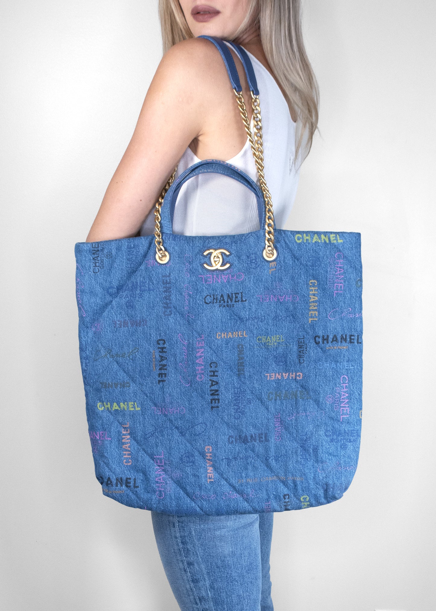 Chanel Denim Quilted Denim Mood Maxi Shopping Bag Blue Multicolor