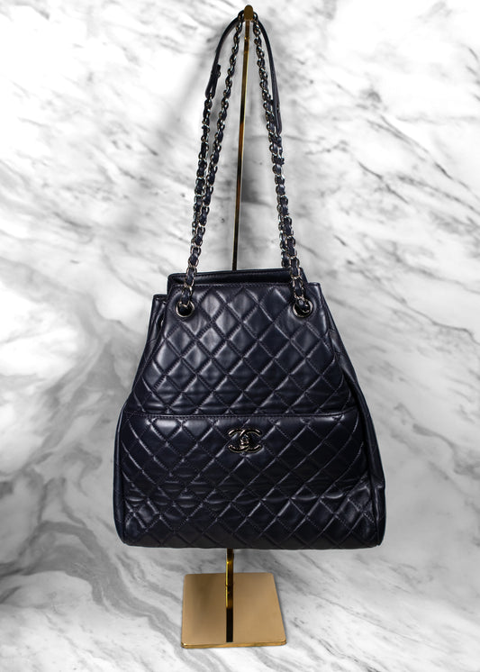 Chanel Deep Blue Lambskin Quilted Large Drawstring Bag