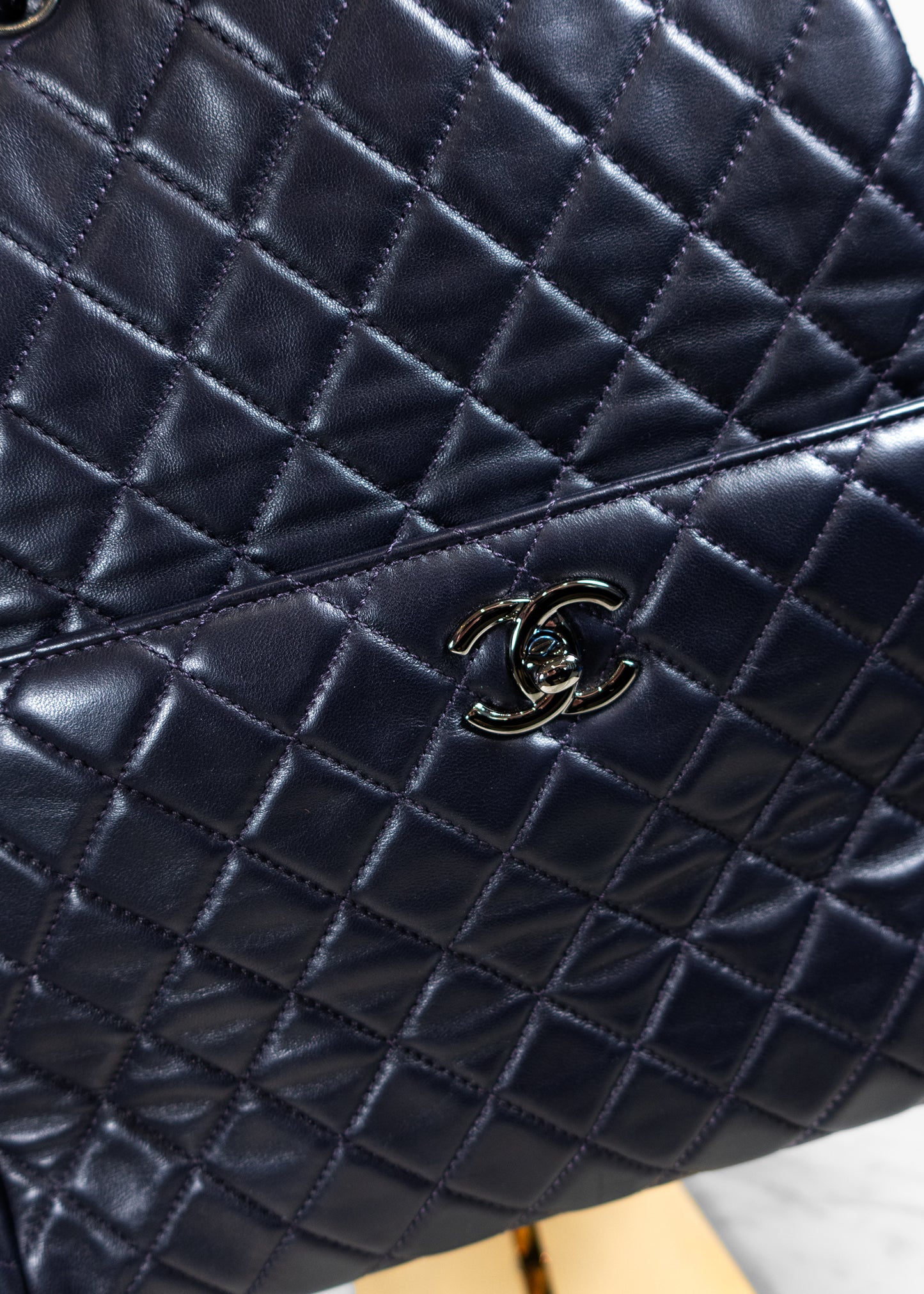 Chanel Deep Blue Lambskin Quilted Large Drawstring Bag