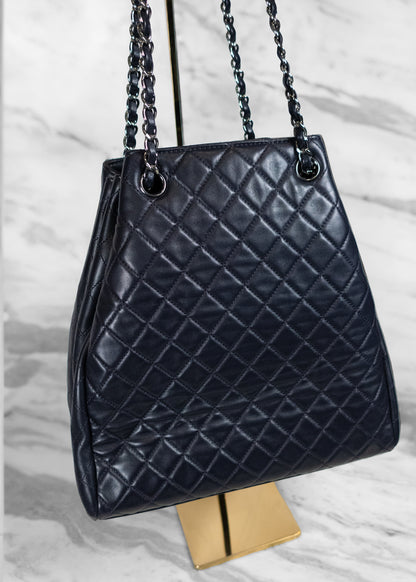 Chanel Deep Blue Lambskin Quilted Large Drawstring Bag