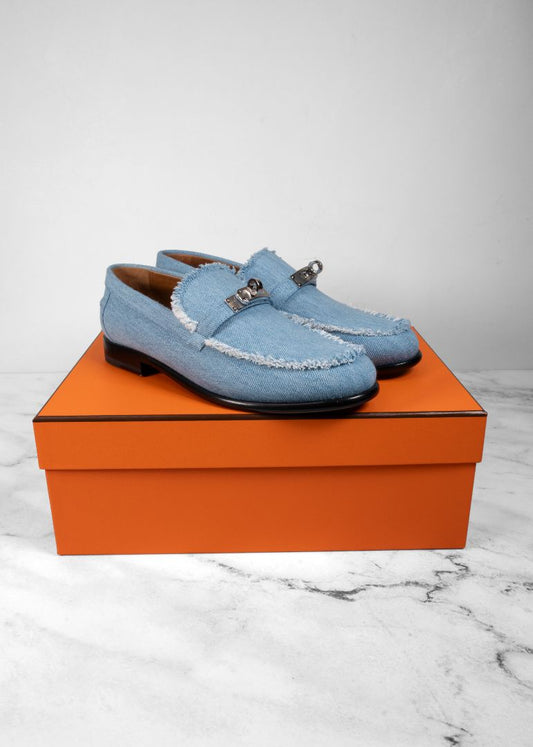Hermes Denim Loafers With Silver Hardware