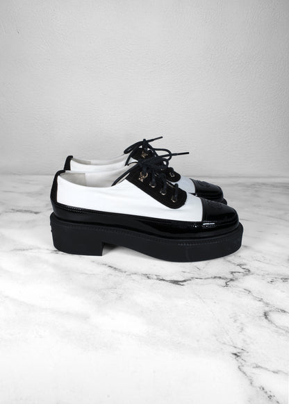 Chanel Black White Oxford Loafers CC Platform Shoes