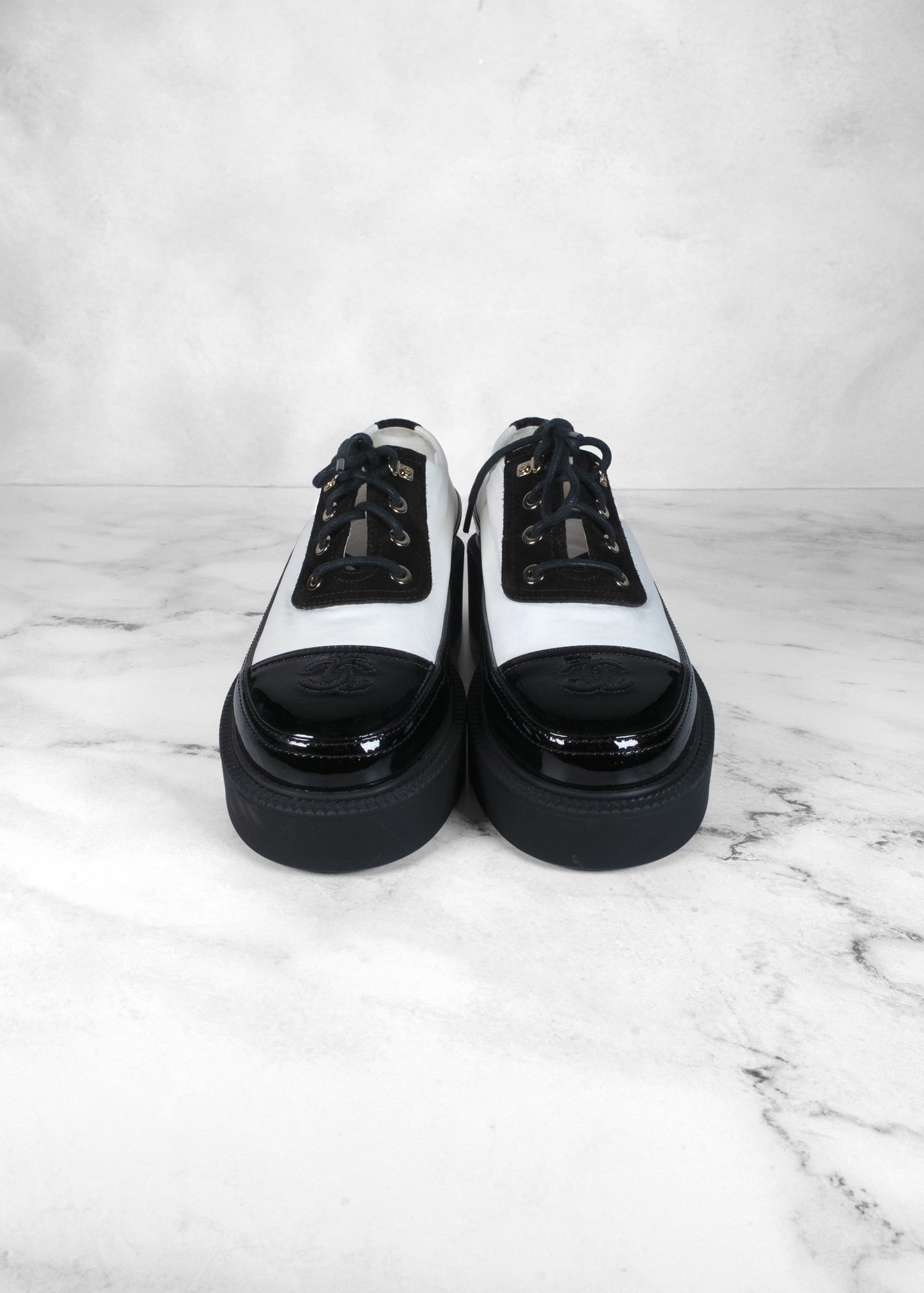 Chanel Black White Oxford Loafers CC Platform Shoes