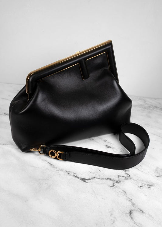 Fendi First Midi Nappa Leather Clutch in Black