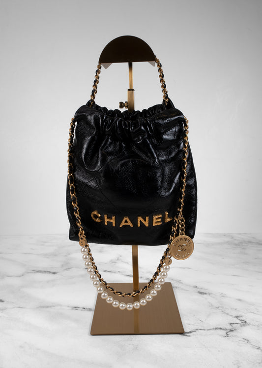 Chanel Shiny Crumpled Calfskin Quilted Pearl Mini Chanel 22 Black
