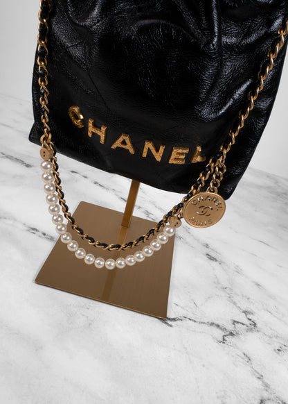 Chanel Shiny Crumpled Calfskin Quilted Pearl Mini Chanel 22 Black