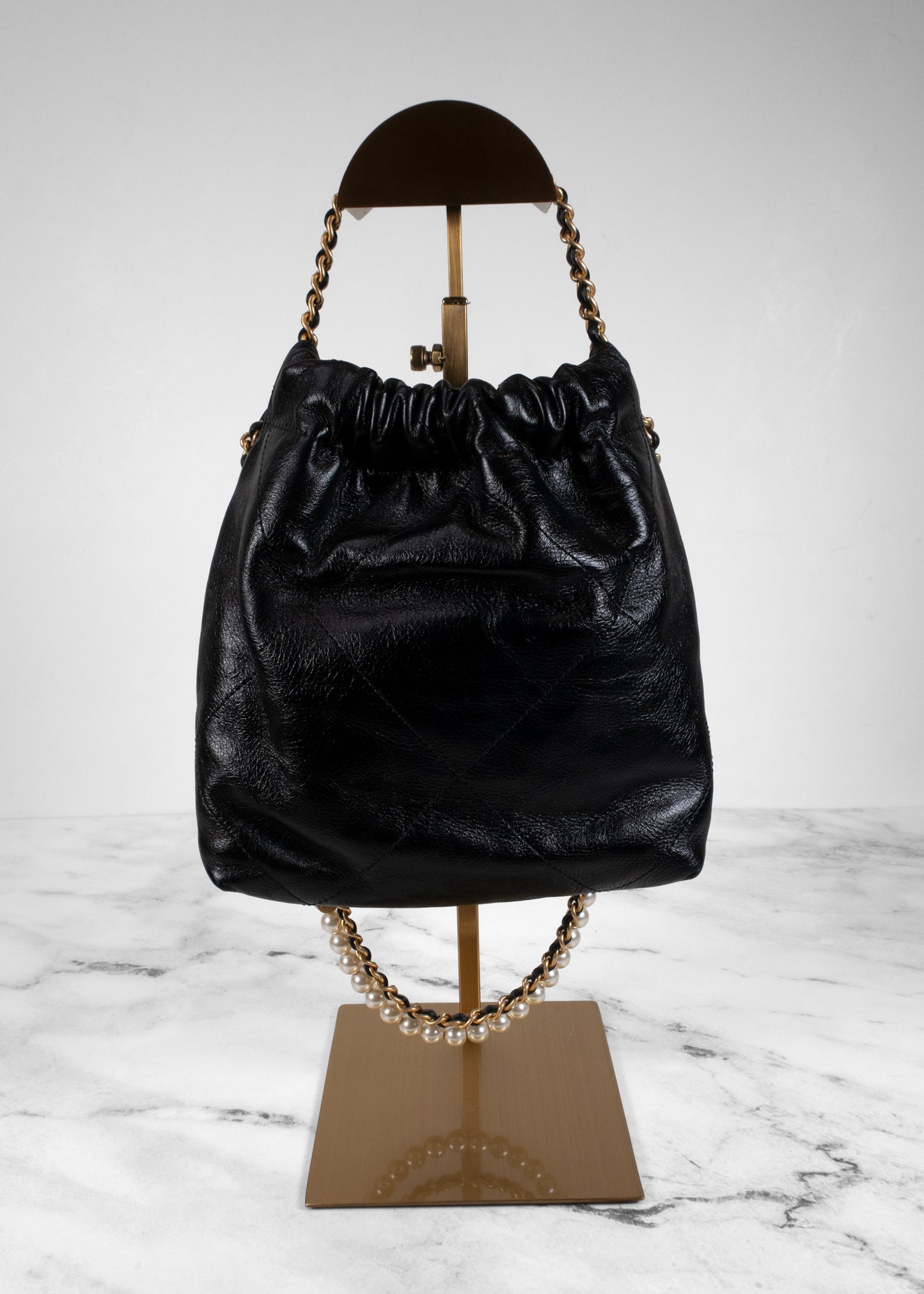 Chanel Shiny Crumpled Calfskin Quilted Pearl Mini Chanel 22 Black