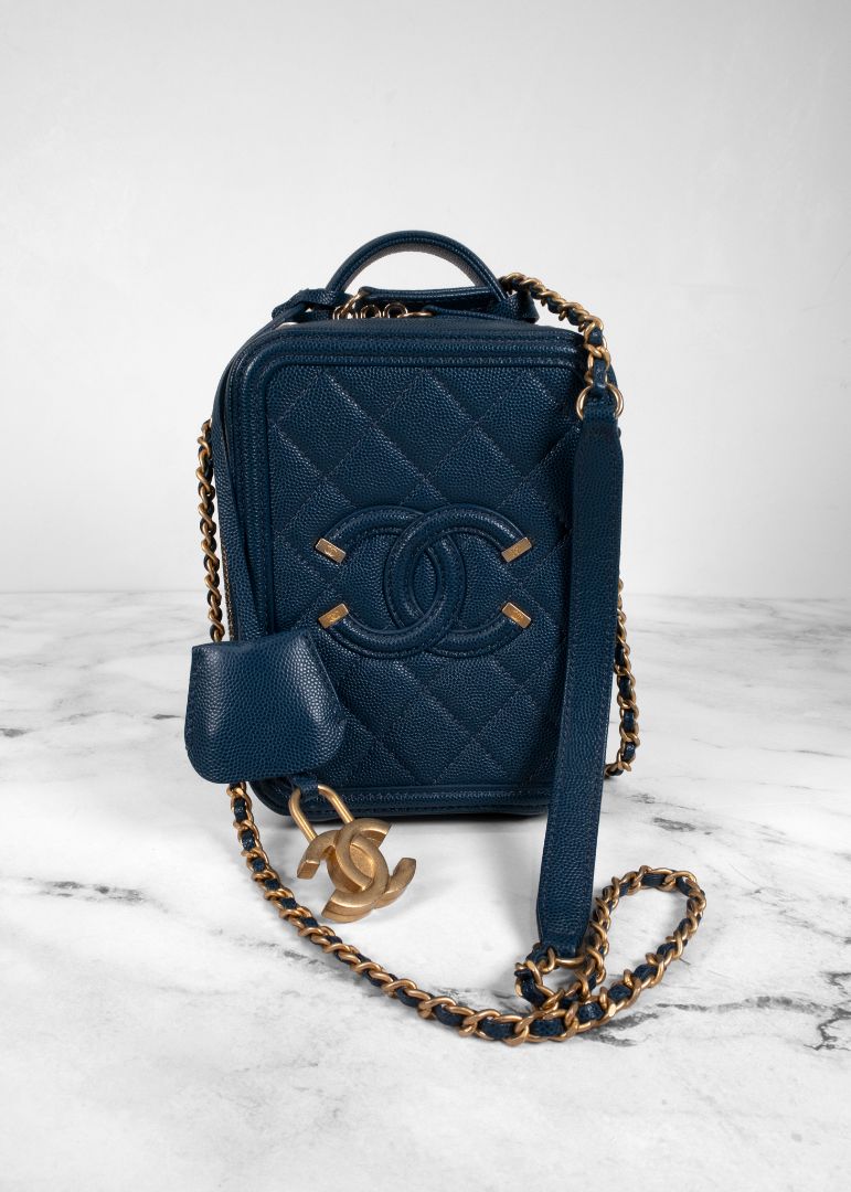 Chanel Blue Caviar Leather Small Cc Filigree Vanity Case
