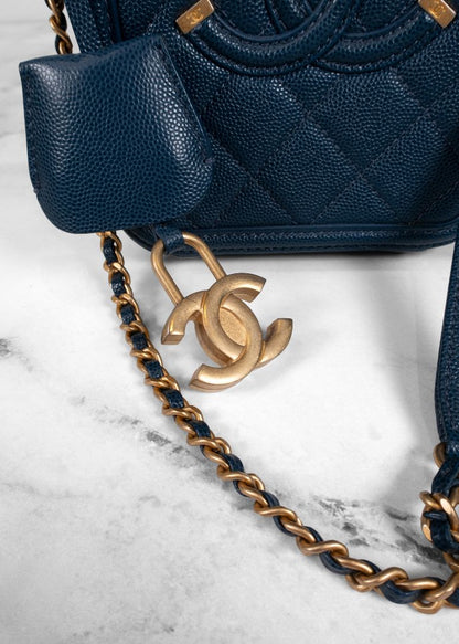 Chanel Blue Caviar Leather Small Cc Filigree Vanity Case