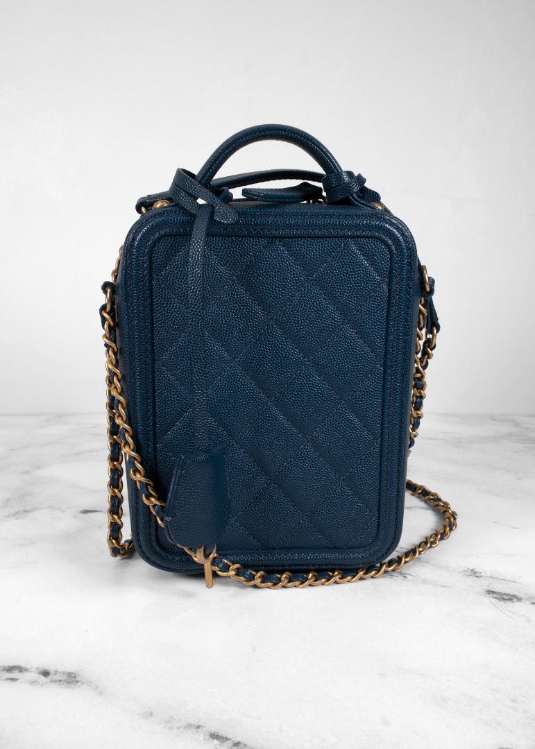 Chanel Blue Caviar Leather Small Cc Filigree Vanity Case
