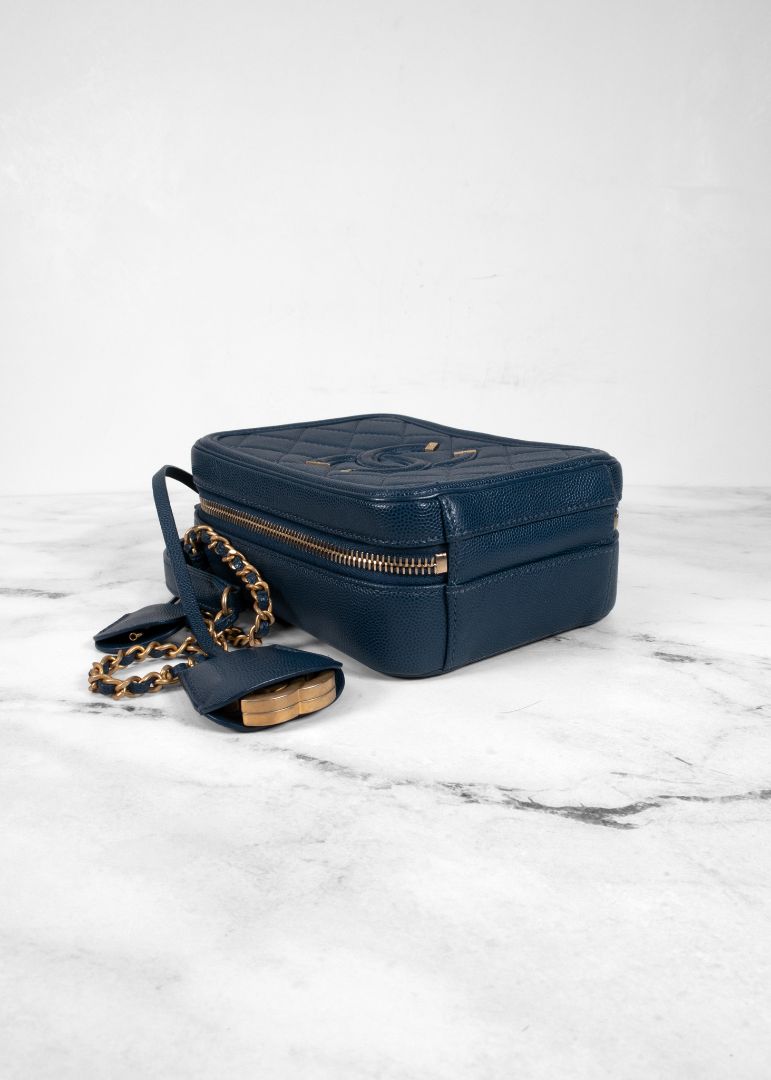 Chanel Blue Caviar Leather Small Cc Filigree Vanity Case
