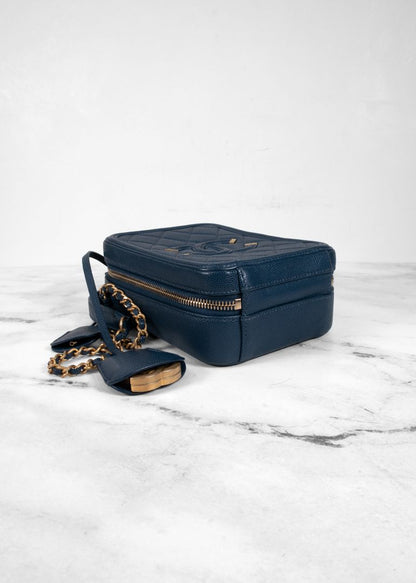 Chanel Blue Caviar Leather Small Cc Filigree Vanity Case