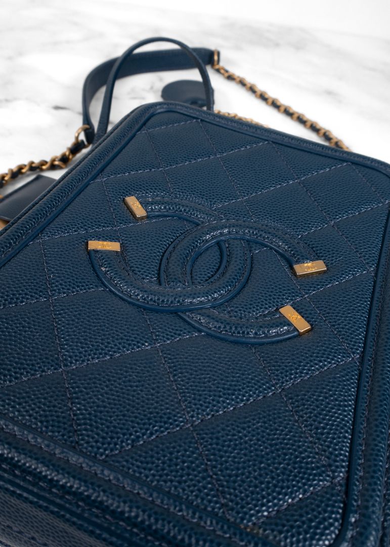 Chanel Blue Caviar Leather Small Cc Filigree Vanity Case
