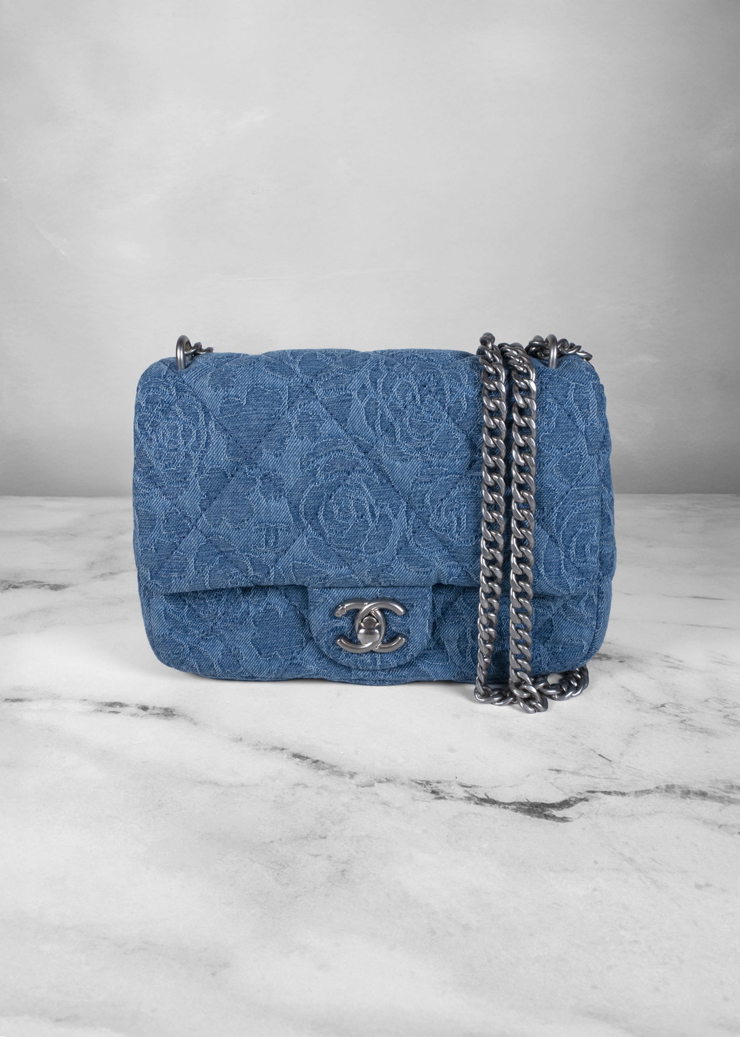 Chanel Denim Quilted Medium Camellia Sweetheart Flap Bag