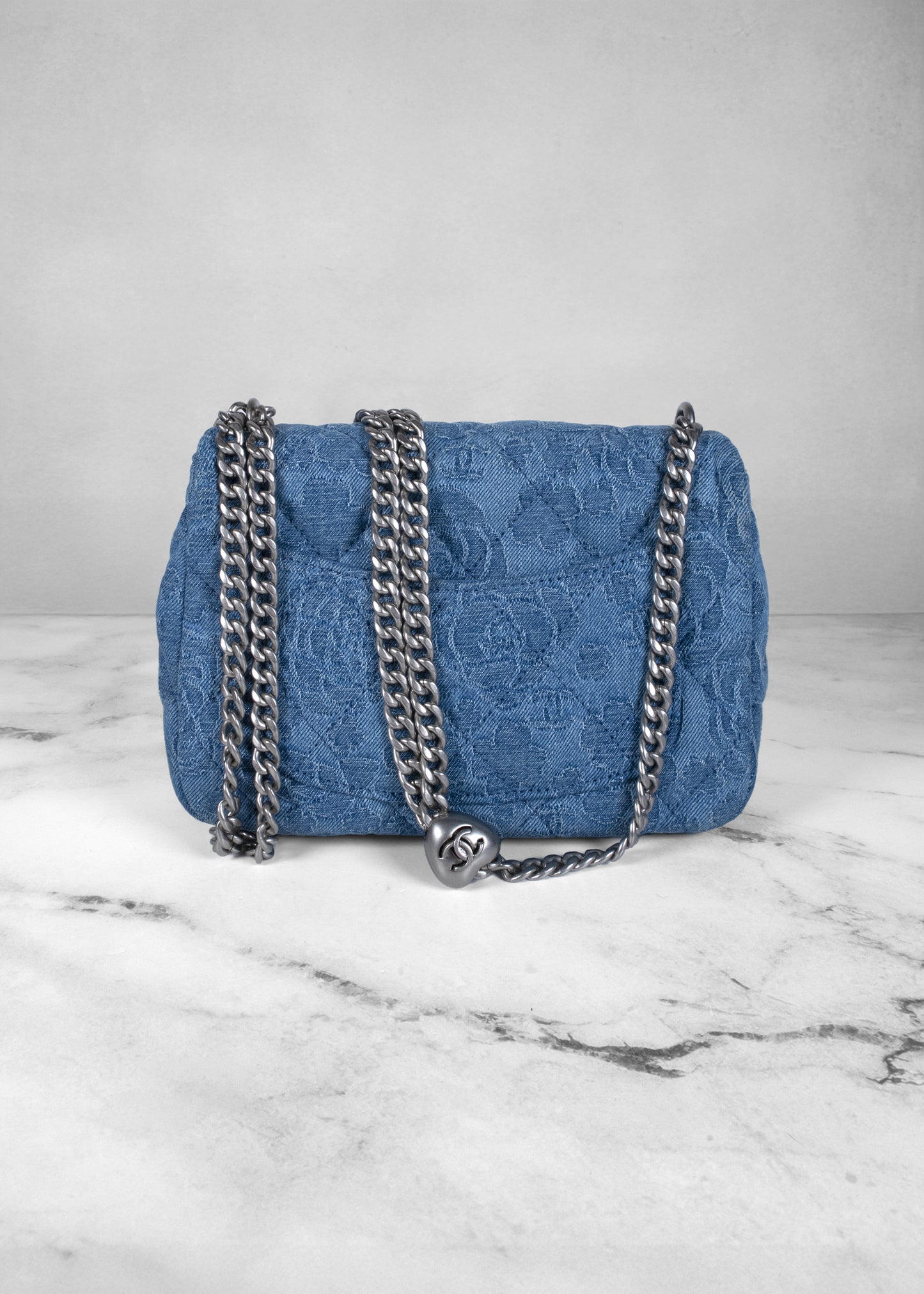 Chanel Denim Quilted Medium Camellia Sweetheart Flap Bag