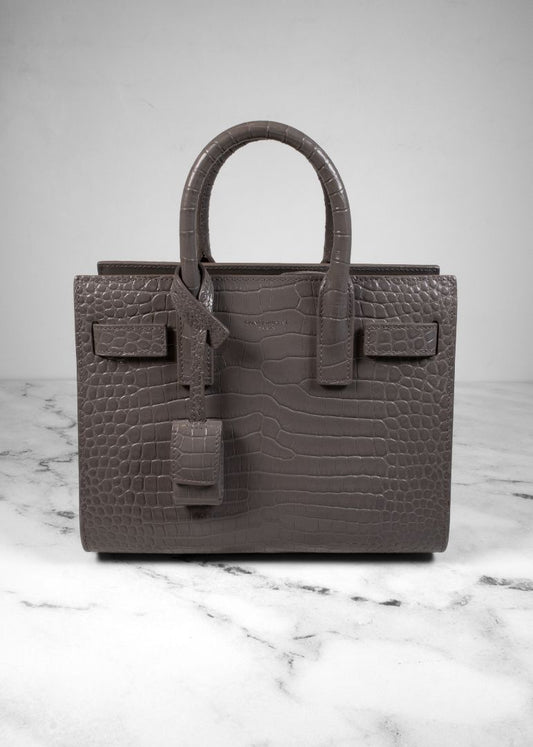 Saint Laurent Grey Croc Embossed Leather Baby Sac De Jour Handbag