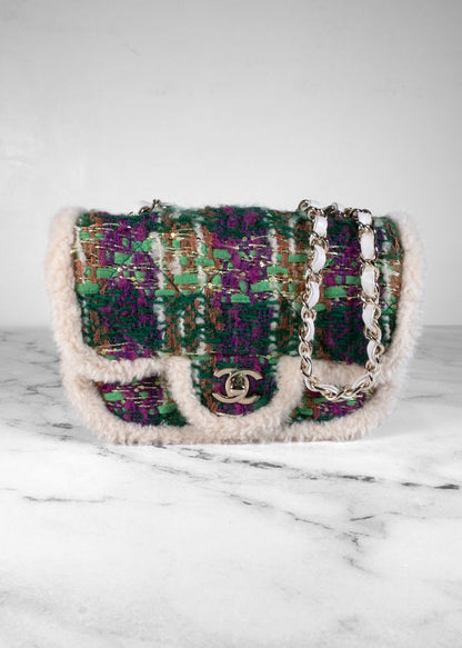 Chanel Green Purple And Tan Tweed Bag With White Fur Trim
