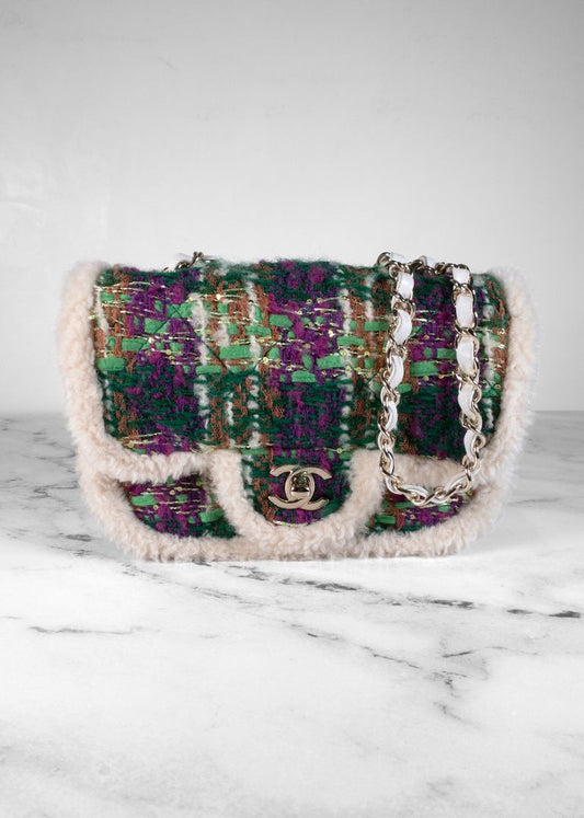Chanel Green Purple And Tan Tweed Bag With White Fur Trim