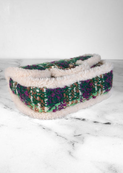 Chanel Green Purple And Tan Tweed Bag With White Fur Trim