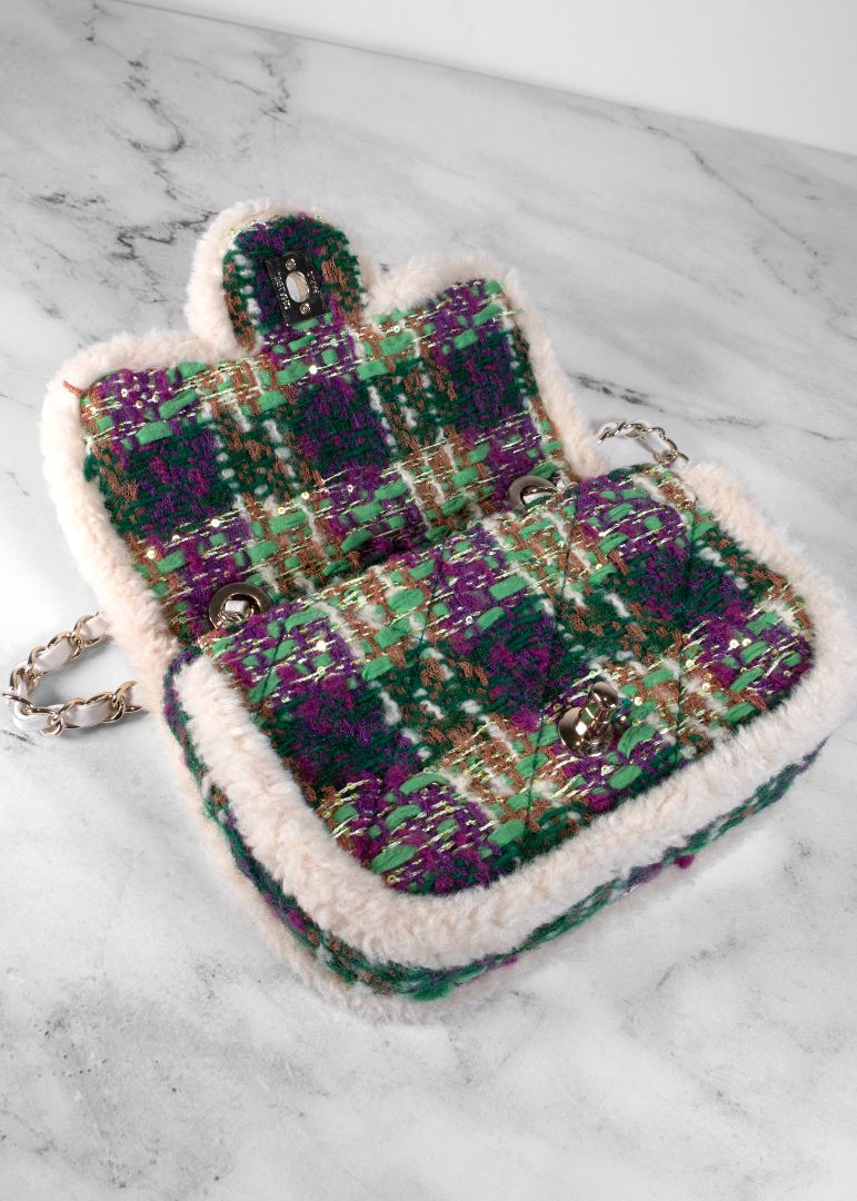 Chanel Green Purple And Tan Tweed Bag With White Fur Trim