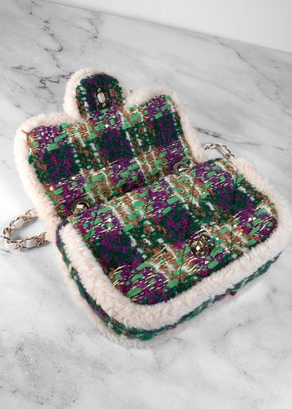 Chanel Green Purple And Tan Tweed Bag With White Fur Trim
