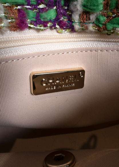 Chanel Green Purple And Tan Tweed Bag With White Fur Trim