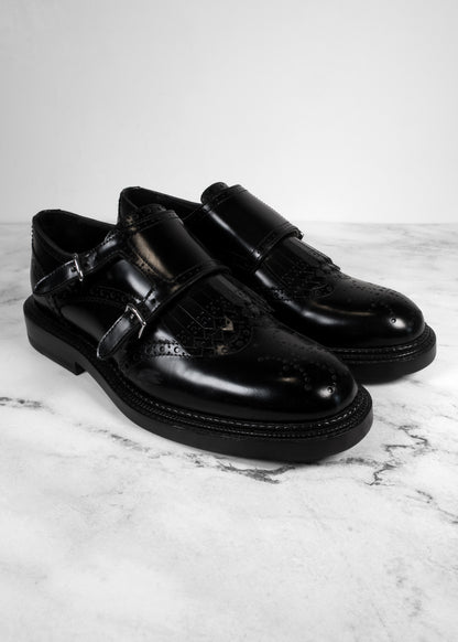Hermes Black Leather Double Buckle Oxfords