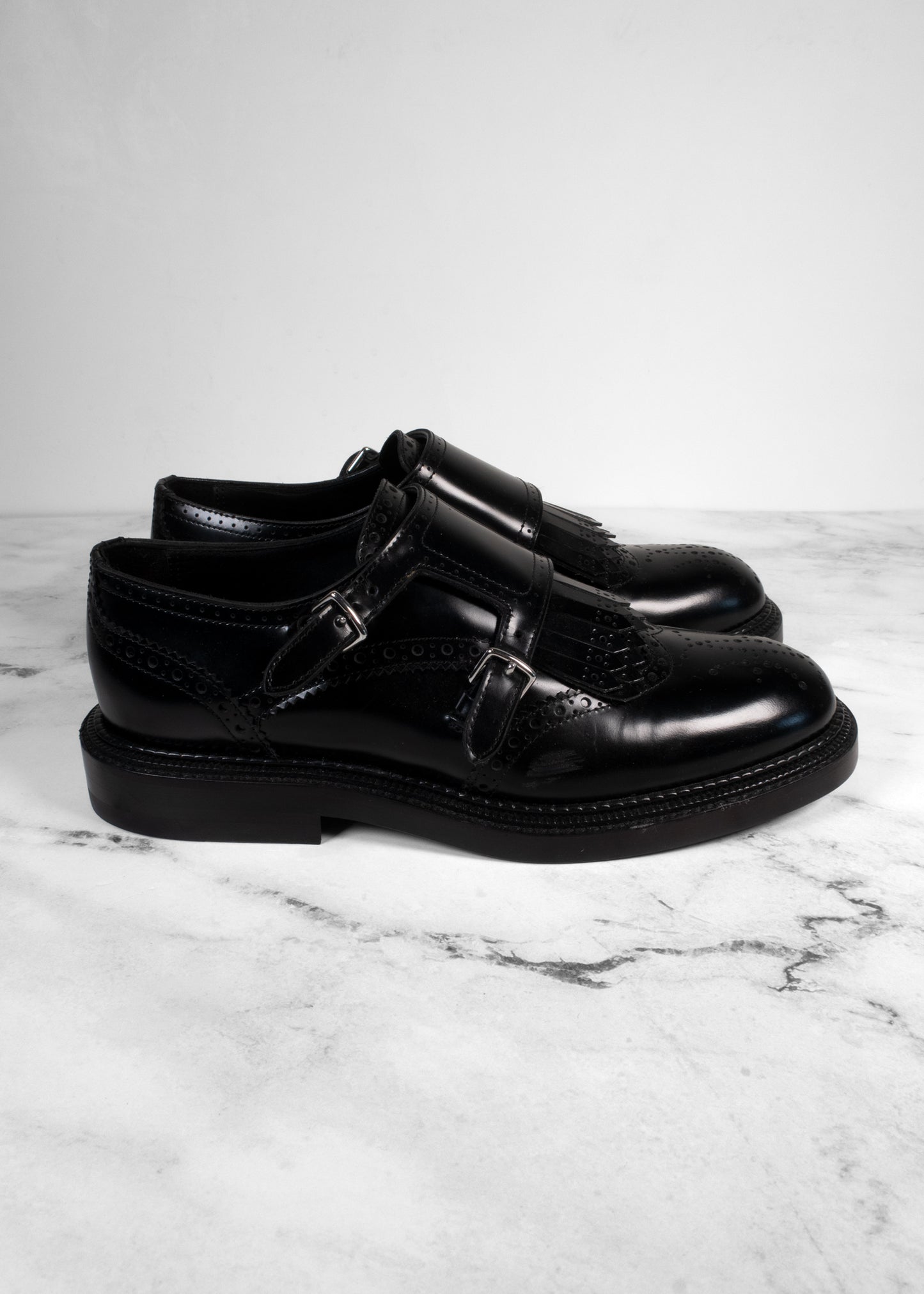 Hermes Black Leather Double Buckle Oxfords