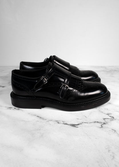 Hermes Black Leather Double Buckle Oxfords
