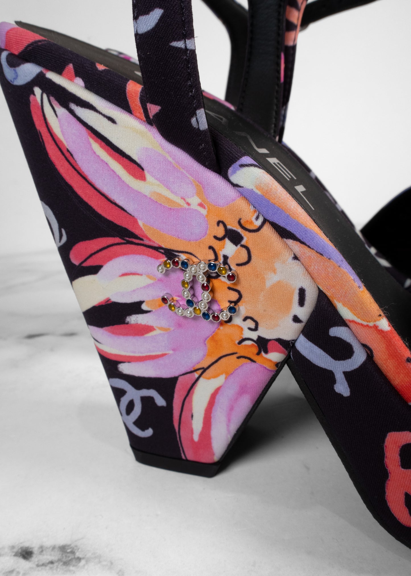 Chanel 24SS Multicolor Floral Print CC Logo Platform Block Heel Sandals