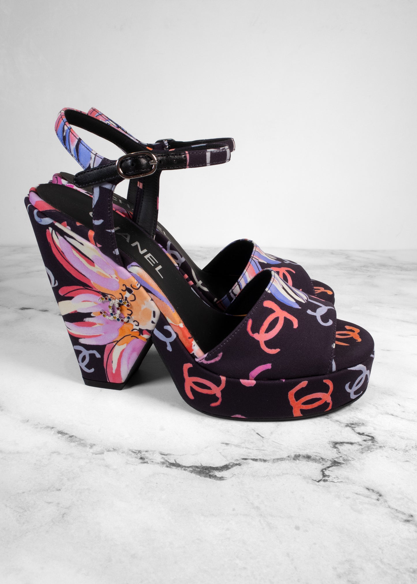 Chanel 24SS Multicolor Floral Print CC Logo Platform Block Heel Sandals