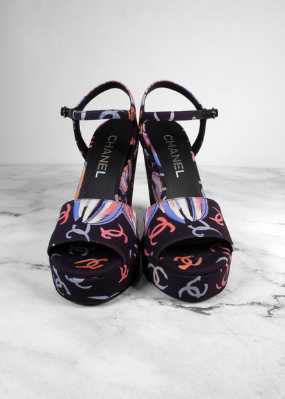 Chanel 24SS Multicolor Floral Print CC Logo Platform Block Heel Sandals