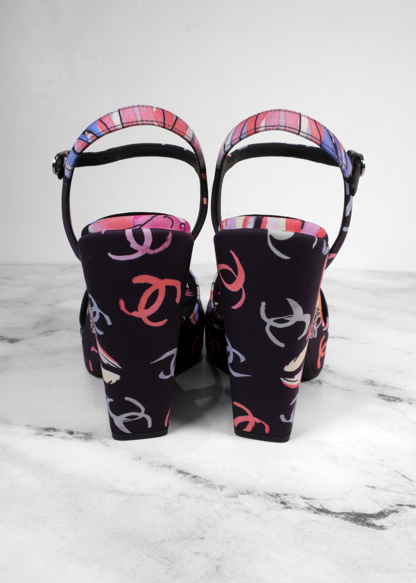 Chanel 24SS Multicolor Floral Print CC Logo Platform Block Heel Sandals